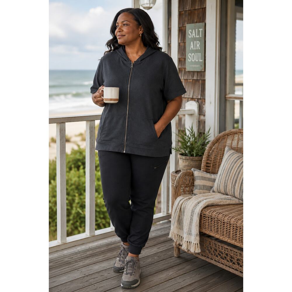 Abby Z Women’s 1X Black Short Sleeve Zip Hoodie Coastal Lounge Jacket Plus Size